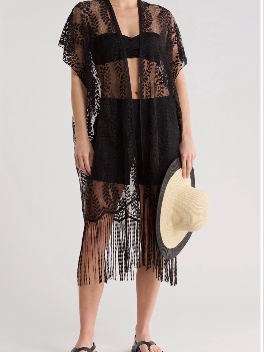 Black Lace Fringe Beach Cover-Up Duo Set by Vince Camuto includes wide brim hat